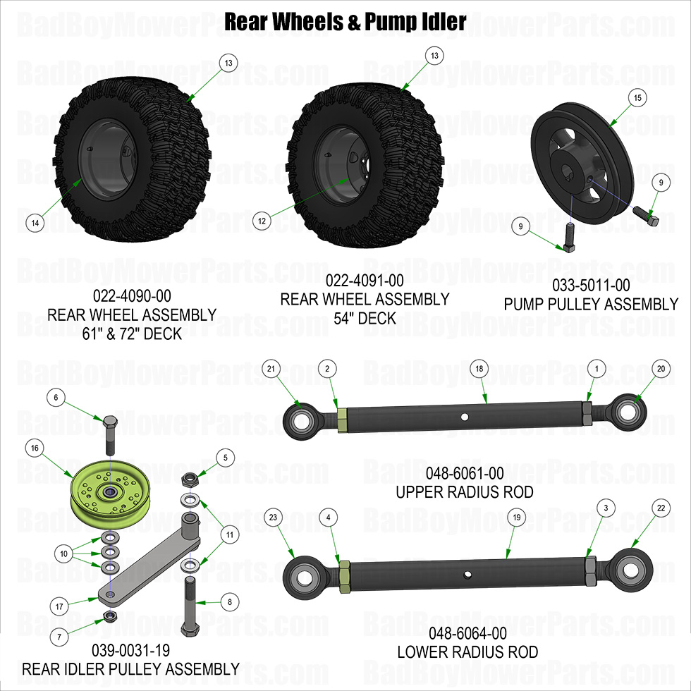 3961 - Bad Boy Mower Parts Lookup > 2025 > Rogue > Rear Wheels & Pump Idler
